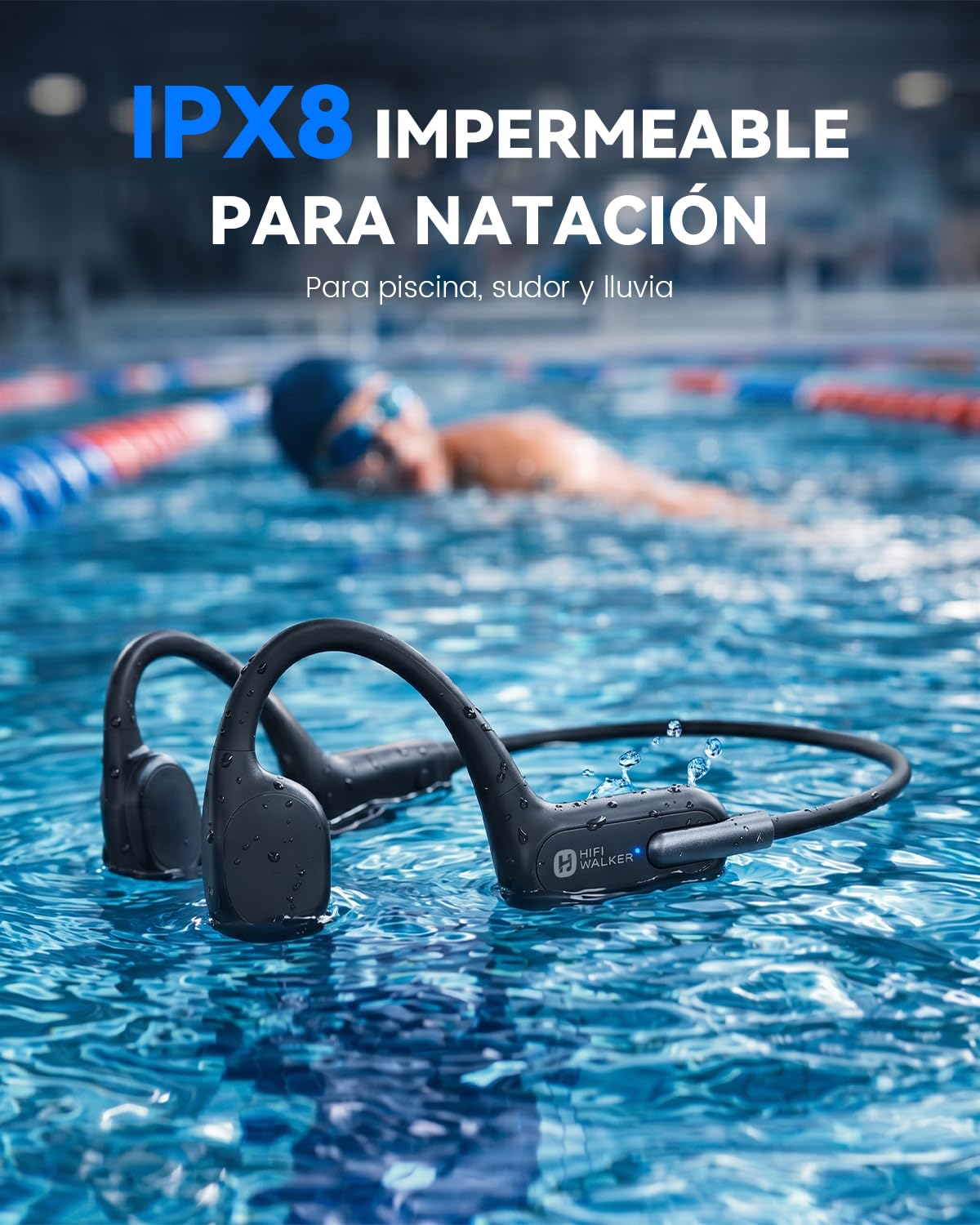 HIFI WALKER Casque Conduction Osseuse Bluetooth 6.0, Écouteur Natation IPX8 Étanche avec Lecteur MP3 32 Go Intégré, Autonomie 8 h, Casque Open Ear Sport pour Piscine, Course à Pied, Cyclisme