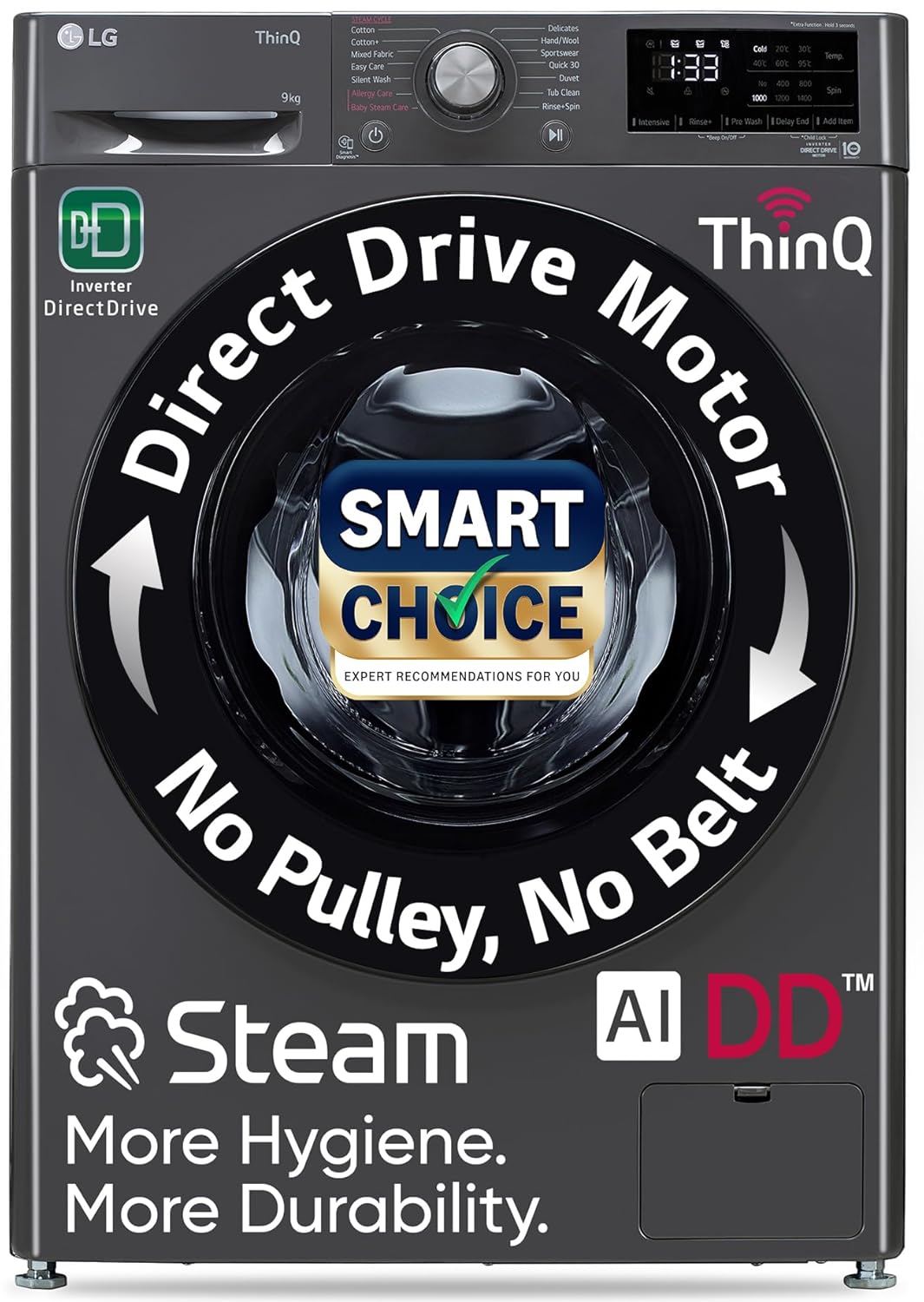 LG 9 Kg, 5 Star, AI Direct Drive Technology, Steam, 6 Motion DD & Wi-Fi Fully-Automatic Front Load Washing Machine (FHP1209Z5M, Intelligent & Convenient Fabric Care, Allergy Care, Middle Black)