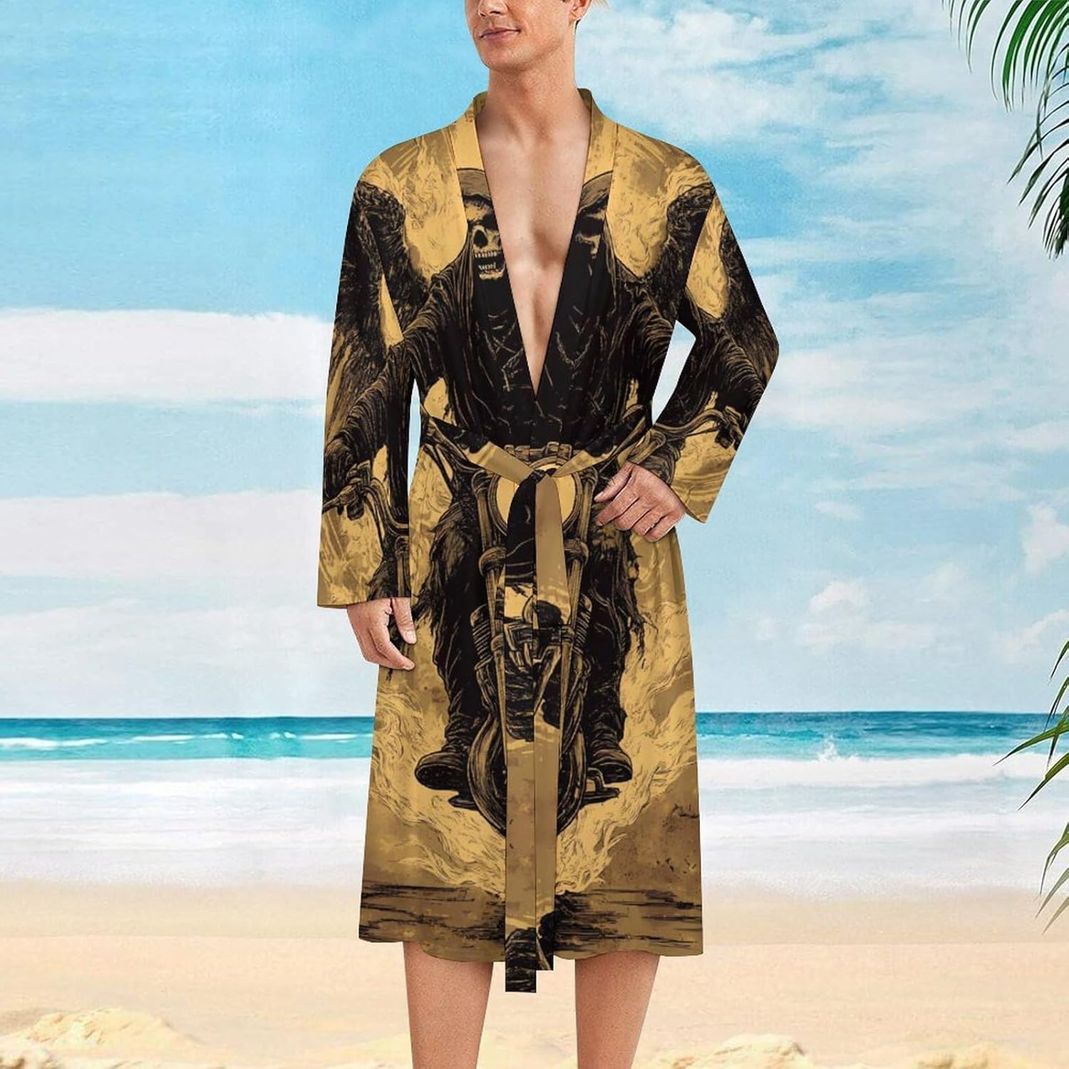 Vintage Skeleton Grim Reaper Motorcycle Mens Robe Long Bathrobe for Women Bath Robes Lightweight Soft Printed Sleepwear