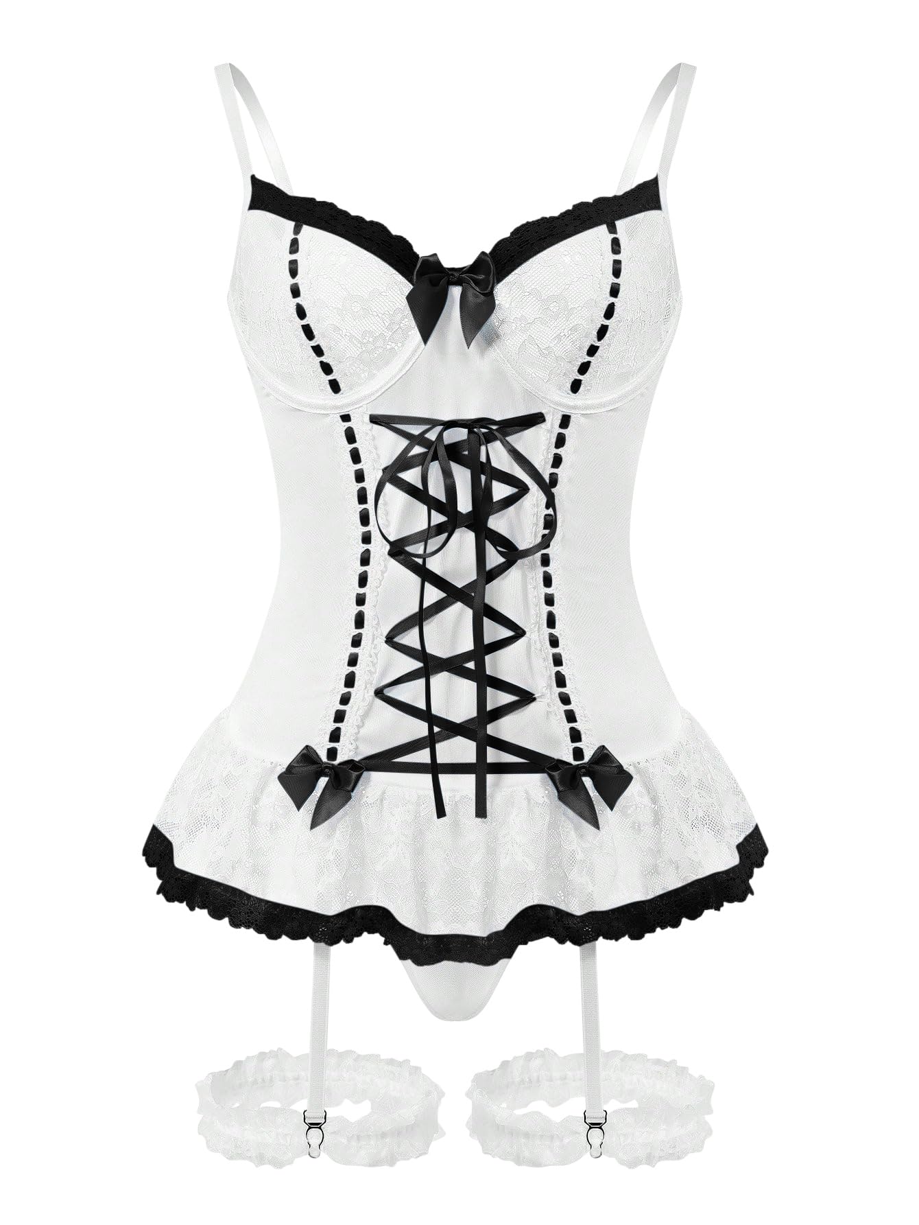 GXNRHG Corsé de Malla Sexy con Volantes y Encaje con Aros, Liguero Transparente, picardías, Conjunto de lencería con Tanga, 3 Piezas