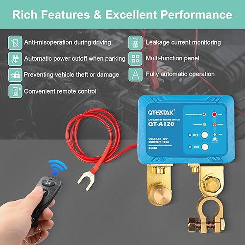 Miniatura 3 de QTEATAK Interruptor inalámbrico de batería de coche con control remoto  12 V 120 A, 2400 A corriente instantánea, antirrobo, protección contra fugas