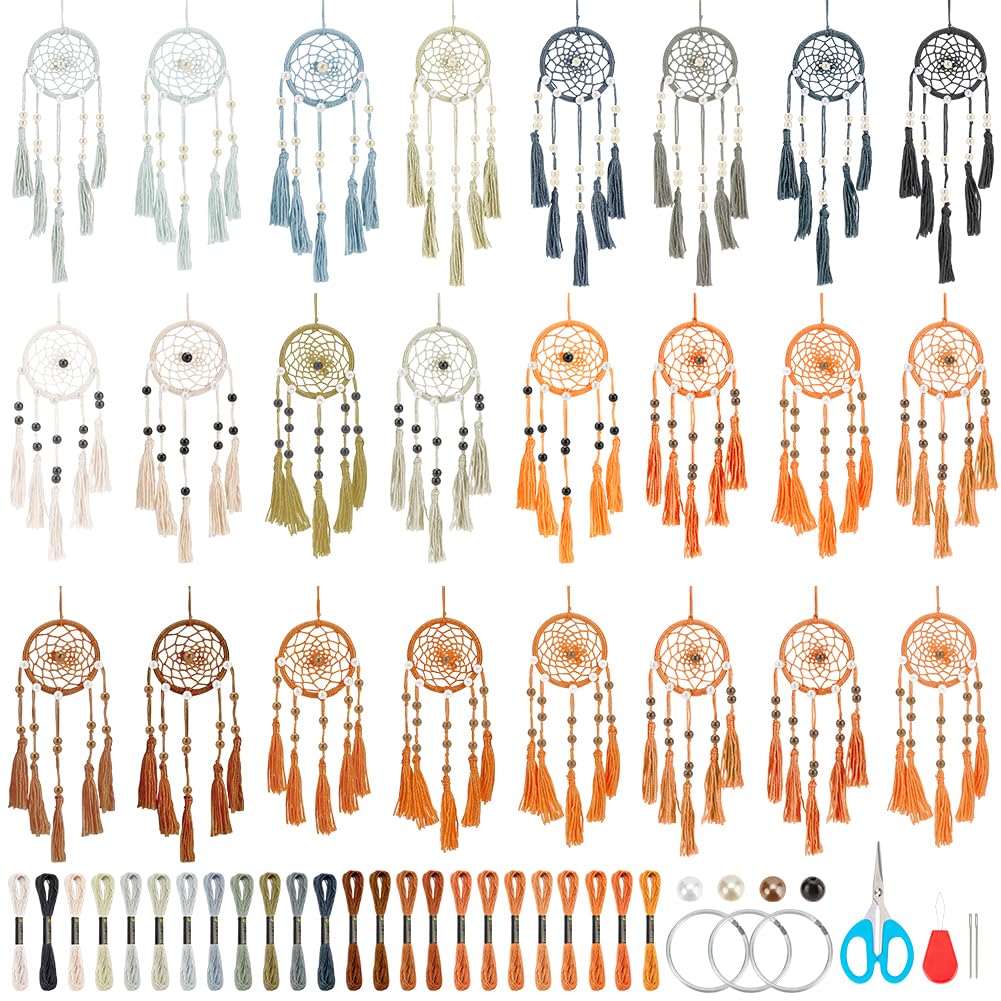 INFUNLY 24 Set DIY Small Dream Catcher Kit Neutral Colors Round Mini Dream Catcher Kit Handmade Dreamcatcher Kit with Instructions Boho Hanging Ornament Making Kit for Bedroom Car Mirror Keychain Bag