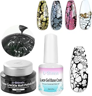 U-Shinein Crackle Gel Nail Polish, Lace Crackle Nail Polish Black Color & 15ml Lace Gel Base Coat Set, UV LED Lamp Needed Nail Gel Polish, Unique Holiday Gift for Women's Day Nails Art Design