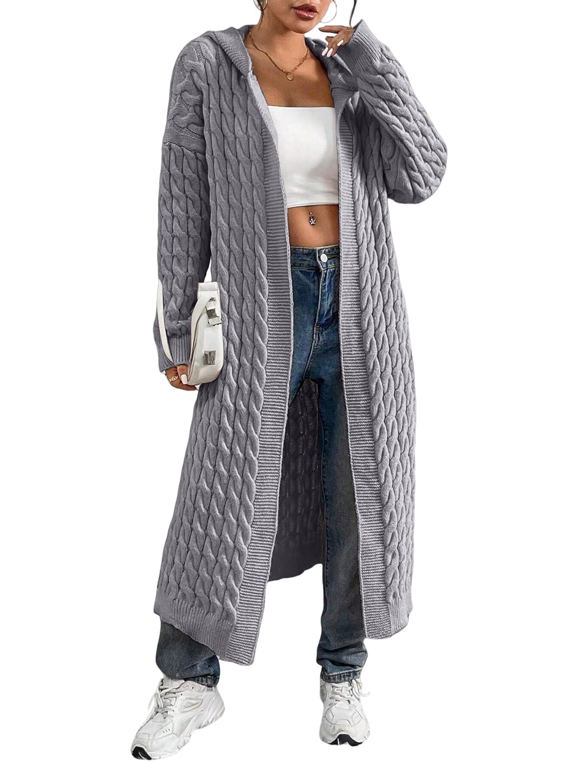 Womens Long Chunky Knit Cardigan - Hooded Open Front Sweater Coat Cozy Fall Winter Outerwear