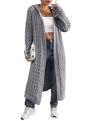 Womens Long Chunky Knit Cardigan - Hooded Open Front Sweater Coat Cozy Fall Winter Outerwear