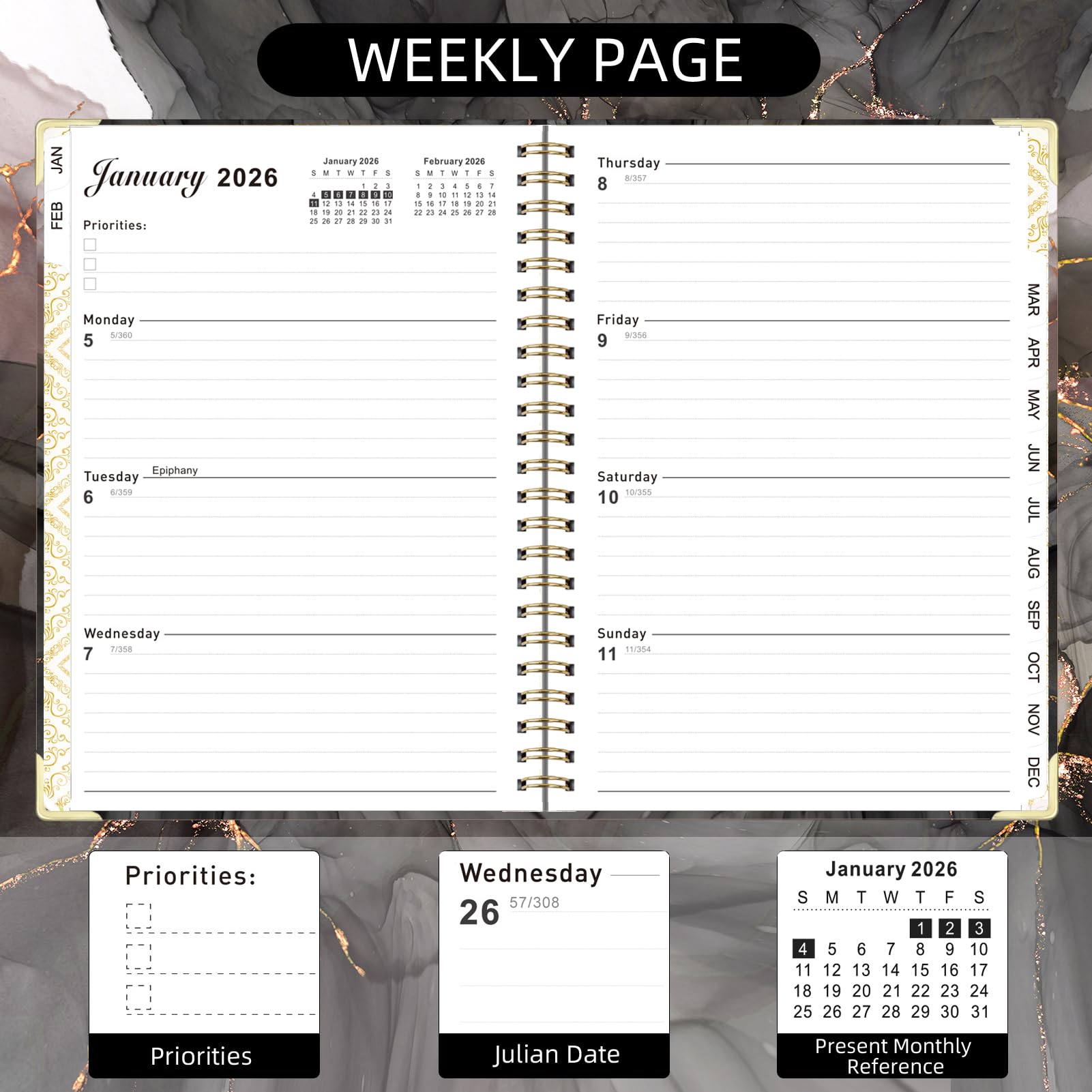 Knagsfa 2026 Planner, Jan.2026 - Dec.2026 Weekly Monthly Planner 6.25"x8.5" with Page Tabs, Calendar Hardcover with Inner Pocket, Elastic Band, Twin-Wire Binding, Bookmark, Black Pink Marble - Image 4