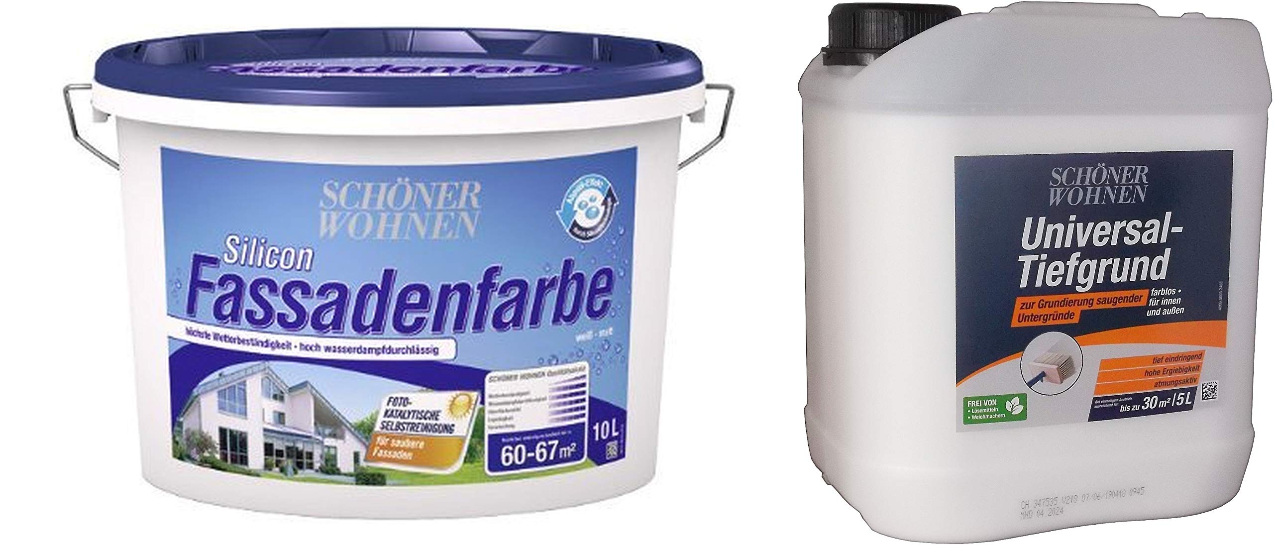 10 Liter SCHÖNER WOHNEN Siliconharz Fassadenfarbe mit 5 Liter Tiefgrund (für bisher ungestrichenen Untergrund)