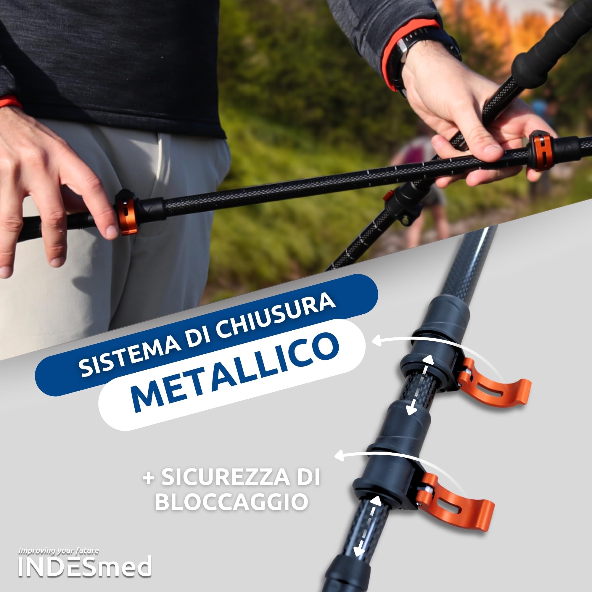 INDESmed | Bastoni da trekking in fibra di carbonio 100% - Bastoncini telescopico, leggerissimi e regolabili con chiusura metallica rapida - Bastoni Nordic Walking, Trail Running, Sci
