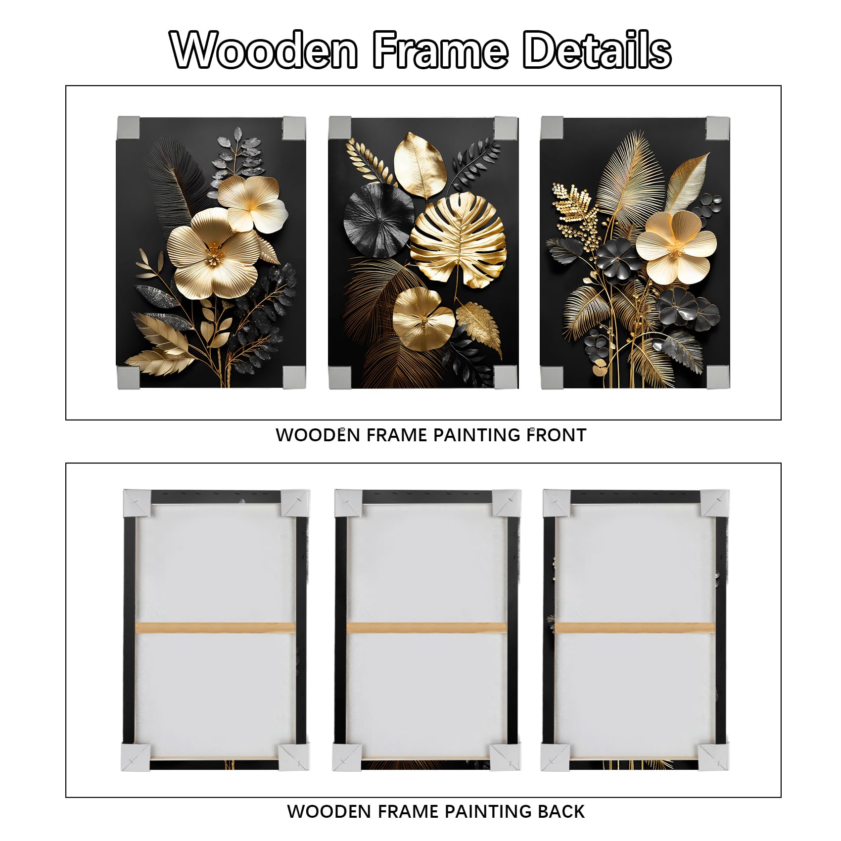 3 Panels Wooden Framed 3D Black Gold Flowers Canvas Wall Art Tropical Monstera Coconut Leaves Painting on Canvas Prints Pictures for Living Room Bedroom Home Wall Decoration 90x40cm(12"x16"x3pcs) — view 5