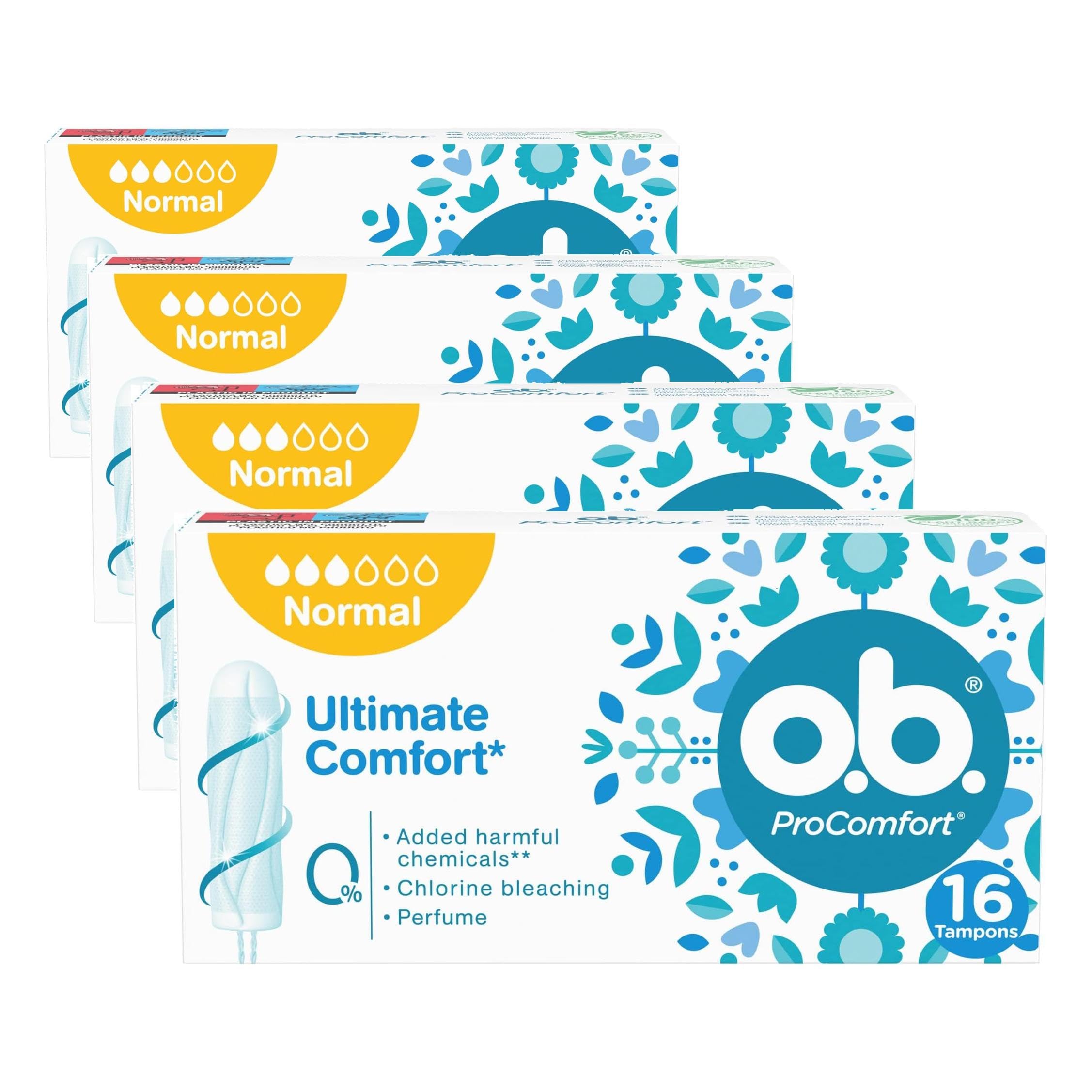 Tampones OB ProComfort Ultimate Comfort (1 x 16), tampones de absorbencia normal sin sustancias químicas nocivas ni fragancia, tampones sin aplicador no blanqueados con cloro (Paquete de 4) en oferta en Amazon
