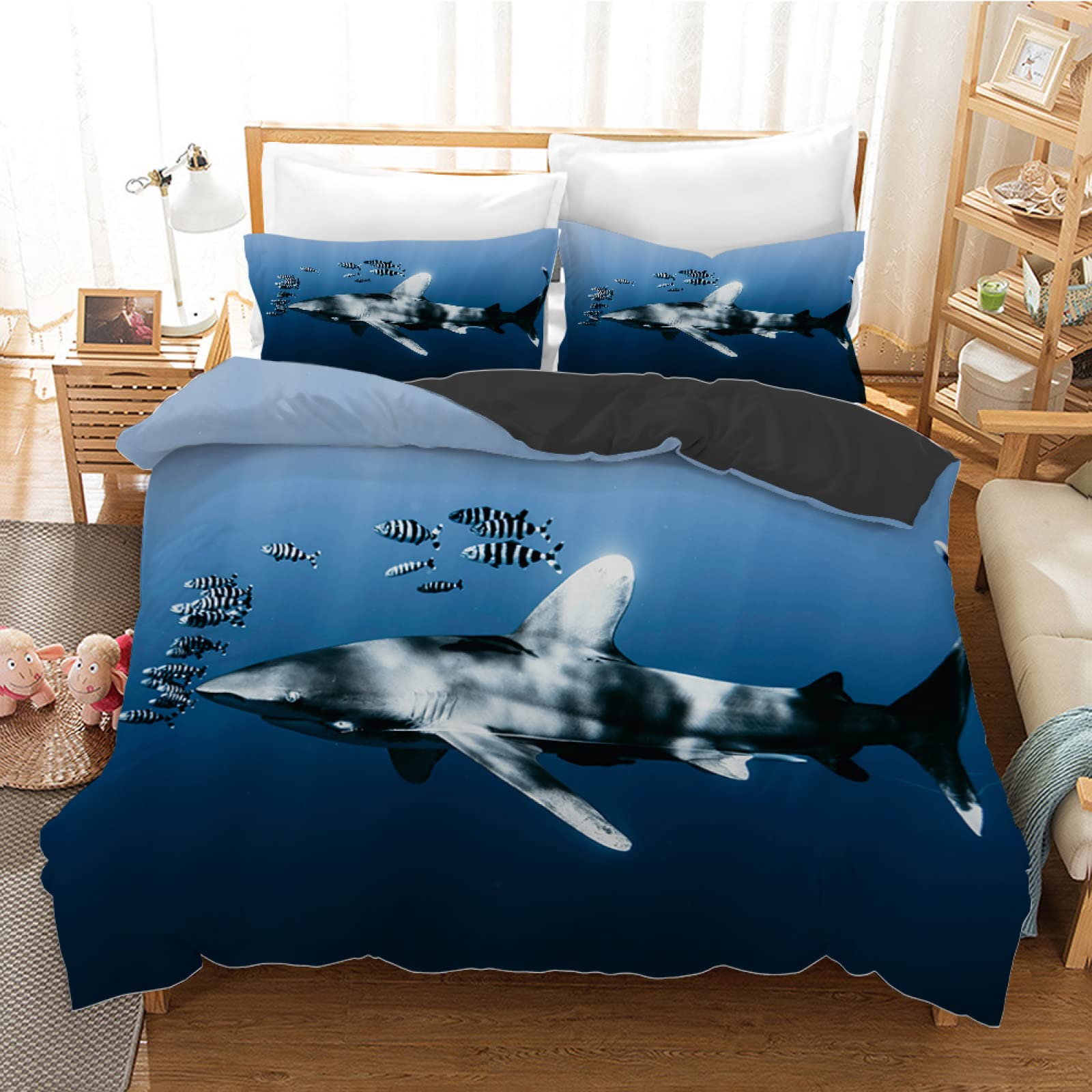 Parure housse de couette 140x200 baleine bleue avec fermeture éclair pour lit enfant