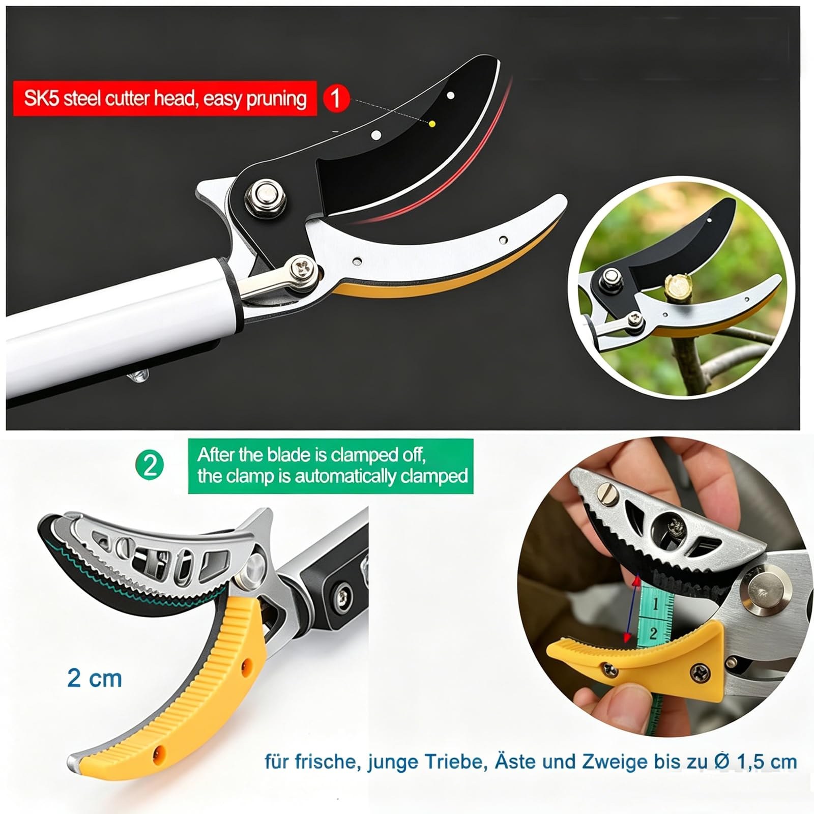 Tijeras de Podar Telescópicas Extensibles Manuales Para Estanques Rosas con Mango Telescópico, Tijeras de podar largas telescópicas (1,3 – 2,3 m) Tijeras con Pertiga