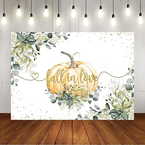Miniatura 5 de Mocsicka Fondo de otoño en el amor, tema de boda, hojas de eucalipto verdes, puntos dorados, calabaza, fondo de vinilo, calabaza, despedida de