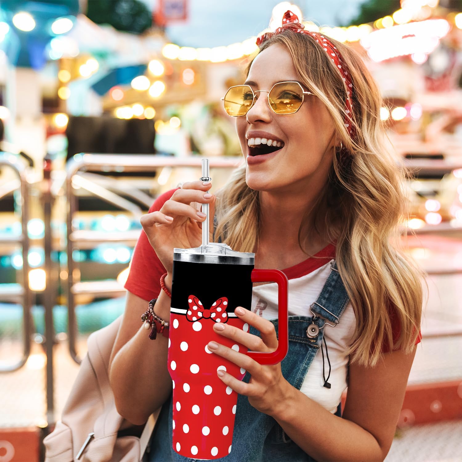 Cartoon Mouse Tumbler 40 Oz With Lid and Straw Stainless Steel Insulated with Handle Bowknot Travel Coffee Mug -Birthday,Christmas Gift