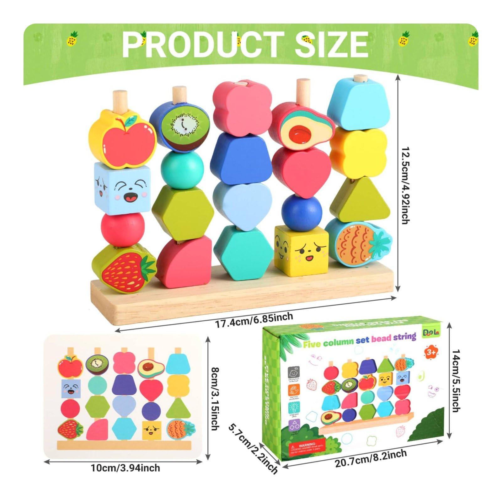Perline Educative Bambini Set Gioco Legno Frutta Perline Infilare Ordinare Sequenze Carte Attrezzi Infilatura Apprendimento Pratico Motricità Fine Faggio Adatto per Casa Asilo Aula