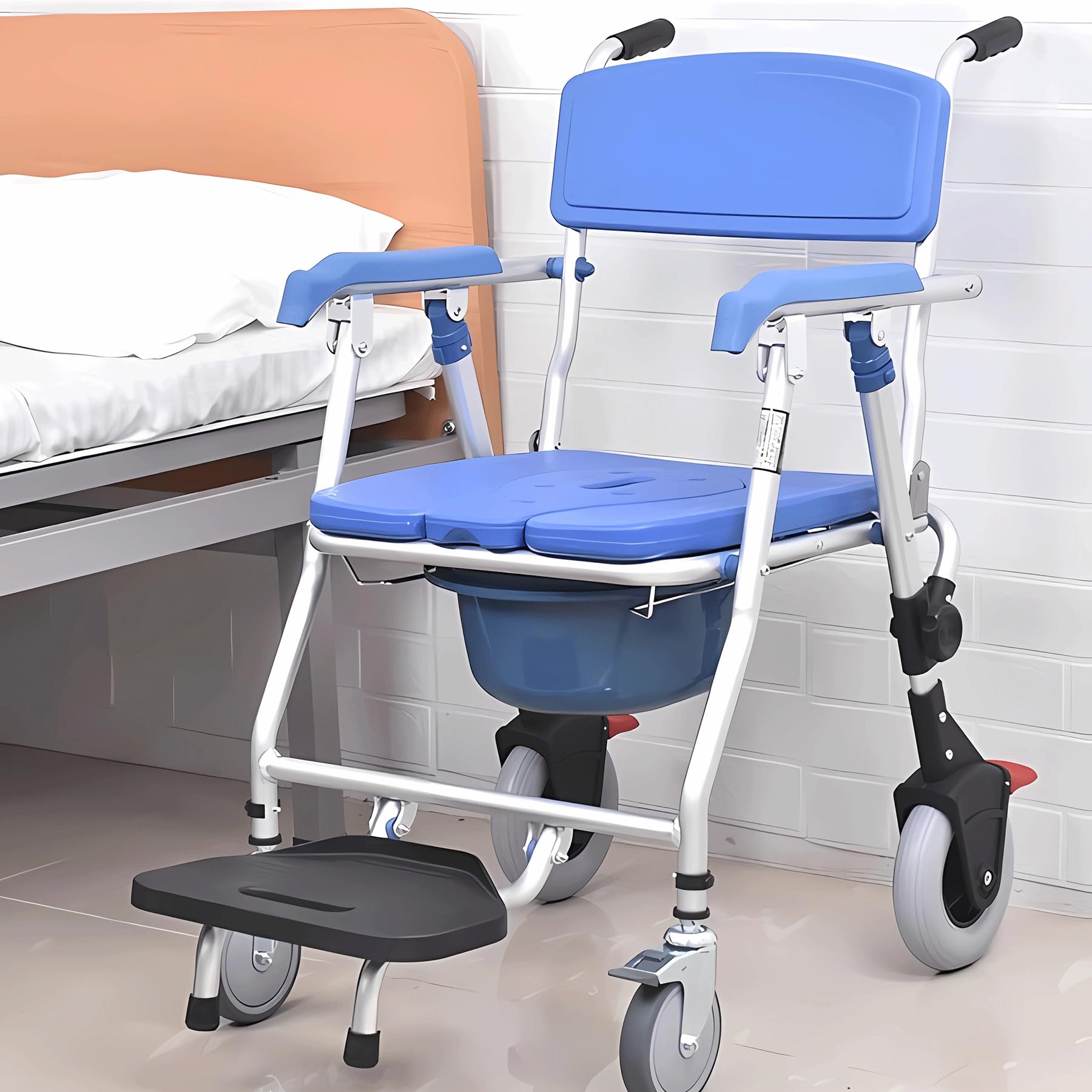 Sedia da Doccia con Rotelle per Anziani e Disabili, Sedia per WC con Rotelle Pieghevole, Sedile da Bagno - 4 Ruote con Freni, Ridurre L'attività per Evitare Lesioni, Carico 150 kg