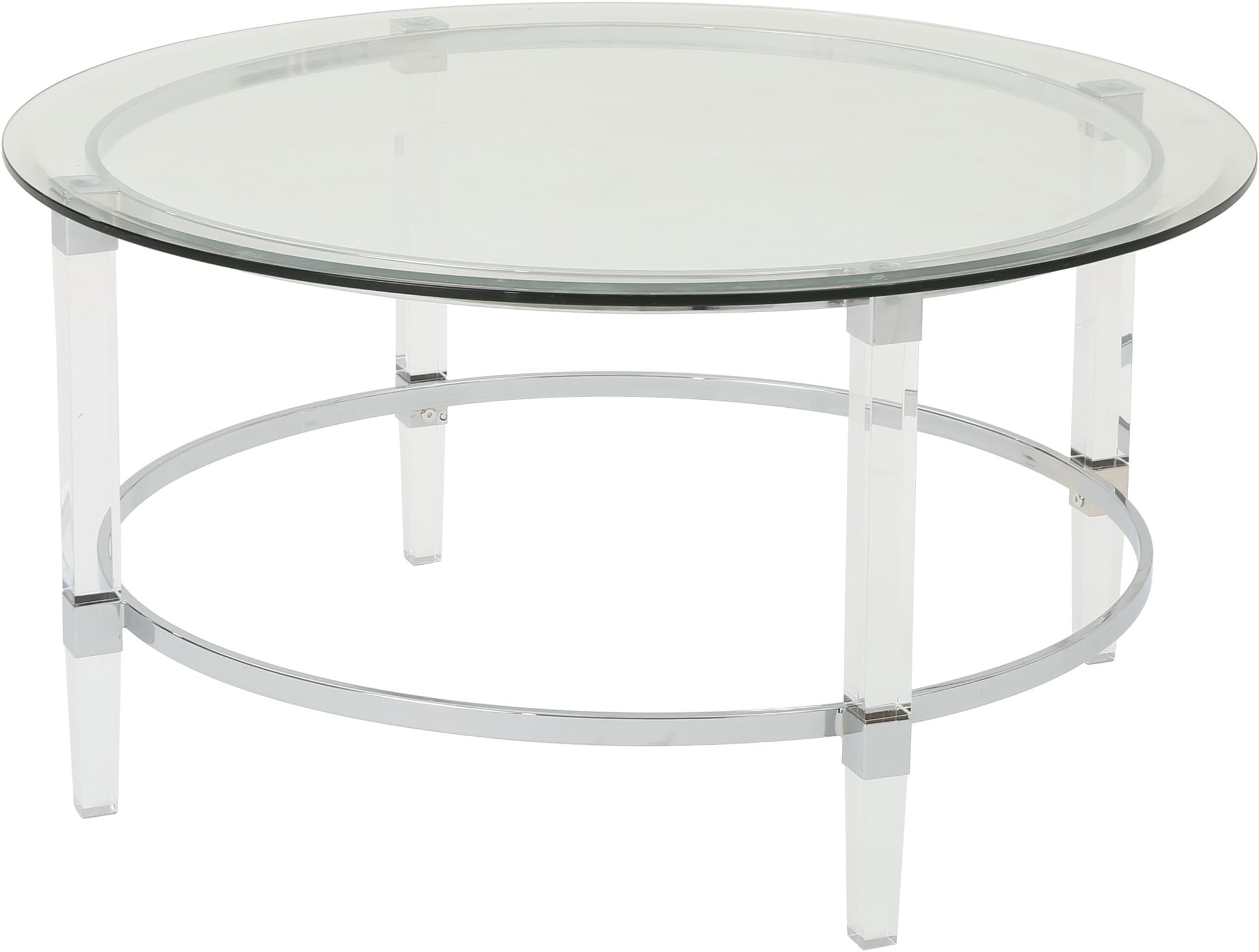 Christopher Knight Home Elowen Modern Round Tempered Glass Coffee Table with Acrylic and Iron Accents, Clear 35.5 in x 35.5 in x 18 in (W x L x H)