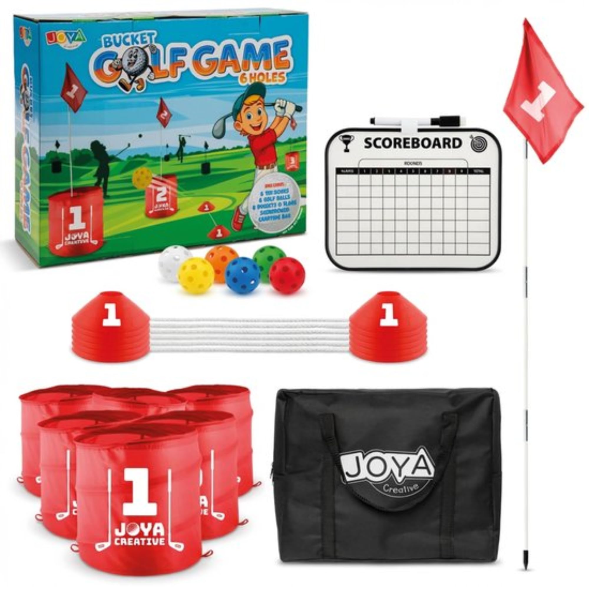 Bucket Golf 6 fori – Gioco all'aperto per bambini e adulti – Gioco di famiglia – Gioco d'azione – Set da golf completo con secchi, palline e custodia