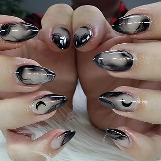24pcs Almond False Nails Medium Shiny Press on Nails French Acrylic Adhesive Nails with Black Moon Pattern Full Cover Artificial Nails for Women Girls