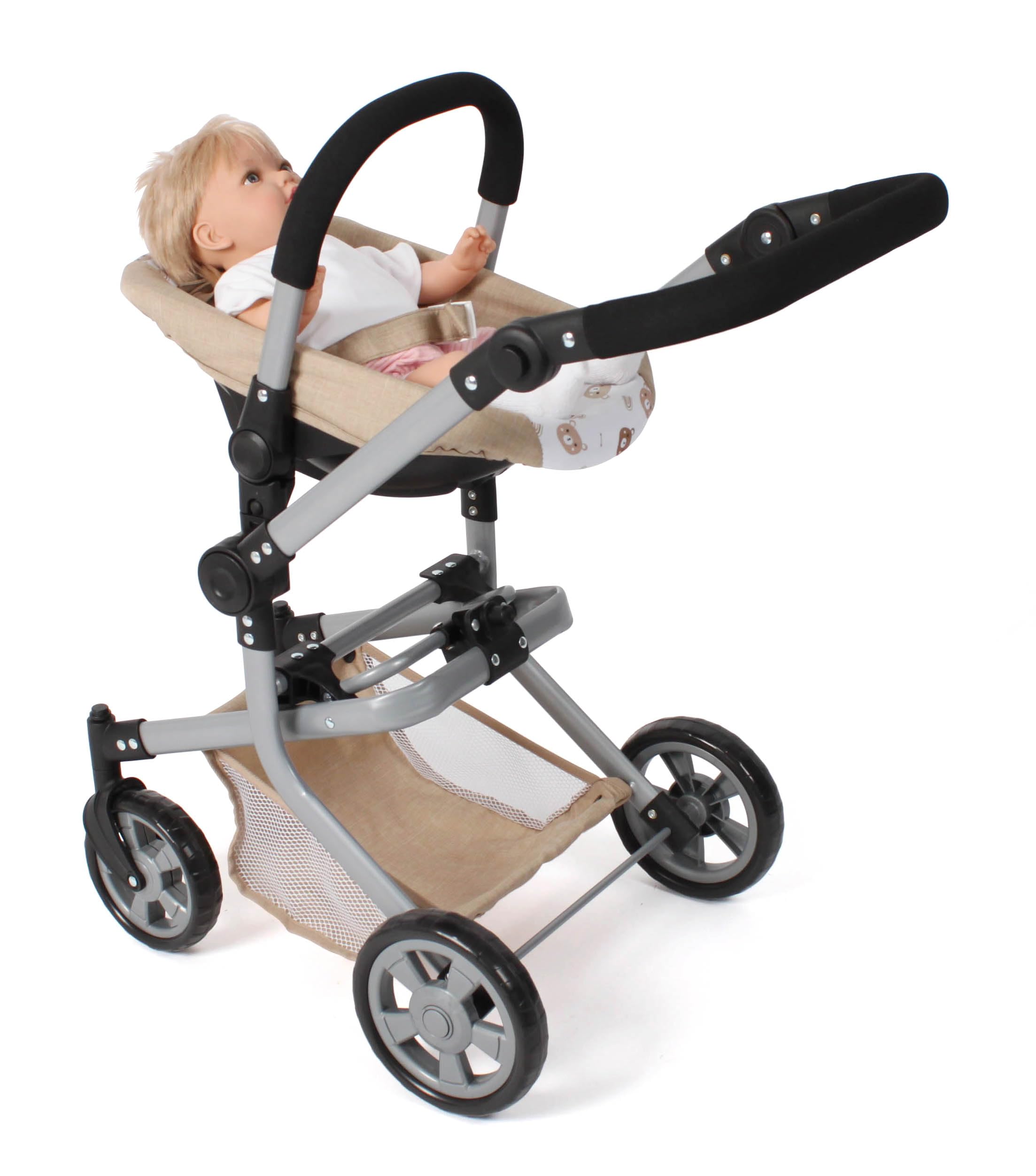 Bayer Chic 2000 - Seggiolino auto per bambole con adattatore per passeggino per bambole, accessori per bambole, orsetti beige