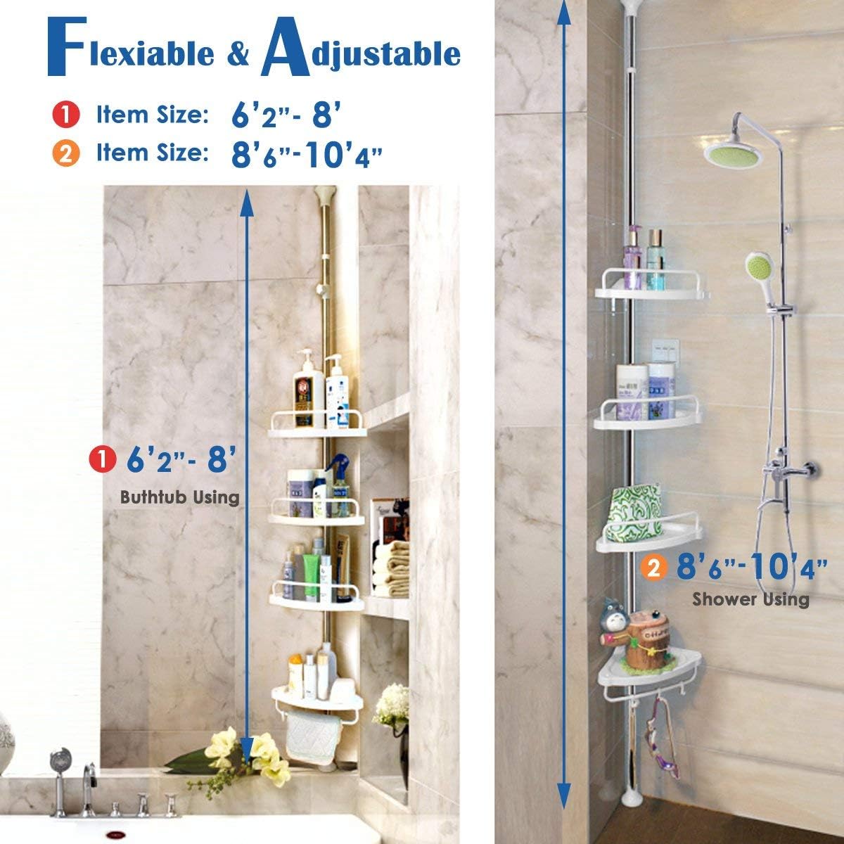 H&A Tension Shower Caddy Pole, Bathroom Corner Shower Rack, Stainless Steel Pole and Rustproof-White
