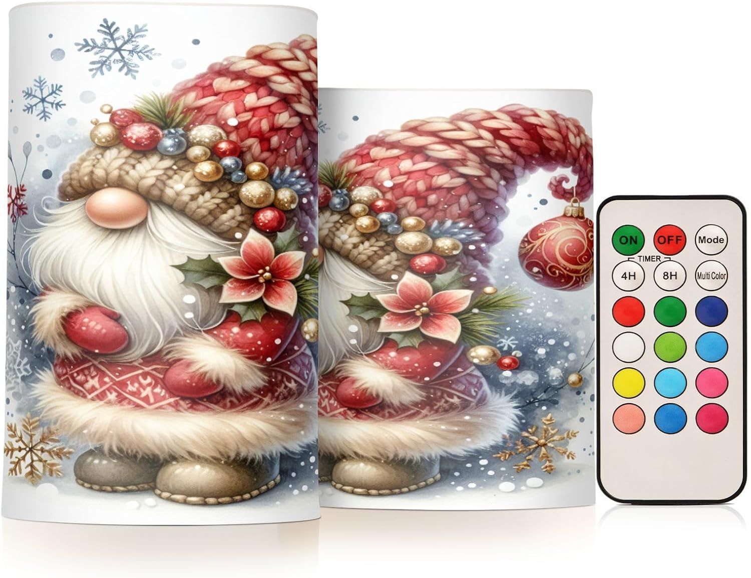 Flameless Candles with Remote Control and Timer, Cute Christmas Gnome Flickering Candles Battery Operated LED Pillar Candles, Warm Light for Home Decor, Set of 2 (D 3" x H 4" 5")
