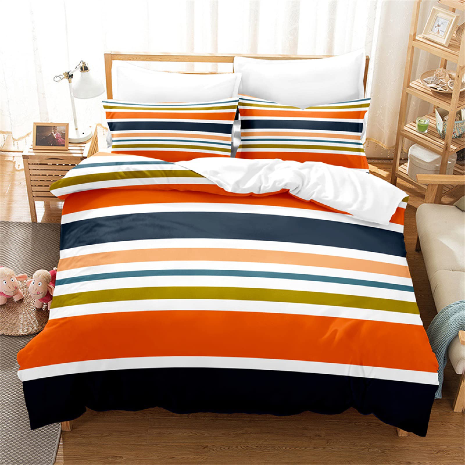 Housse de couette 220x240 orange adulte parure de lit microfibre 110 g/㎡ rayures