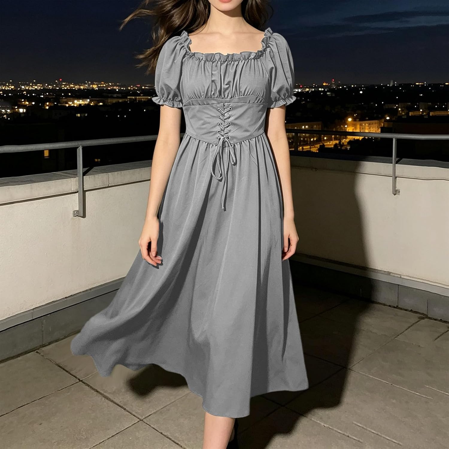 Women's Puff Sleeve Renaissance Dress Square Neck Lace Up Maxi Gown