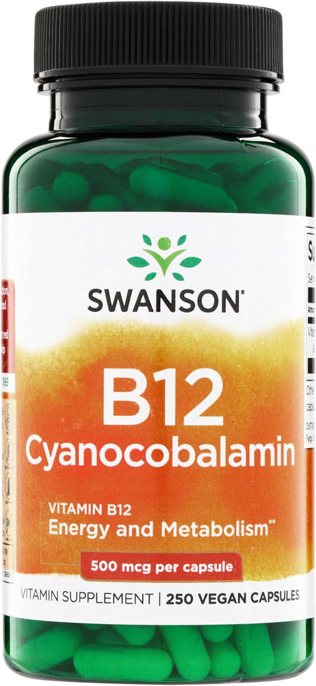 Swanson Vitamin B12 Cyanocobalamin Energy and Nervous System Supplement for Adults Seeking Metabolic and Heart Health Support - 500 mcg (250 Vegan Capsules)