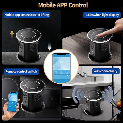 Vista 5 de Toma de corriente desplegable para encimera con control remoto de aplicación móvil, salida desplegable con cargador inalámbrico de 15 W, entrega