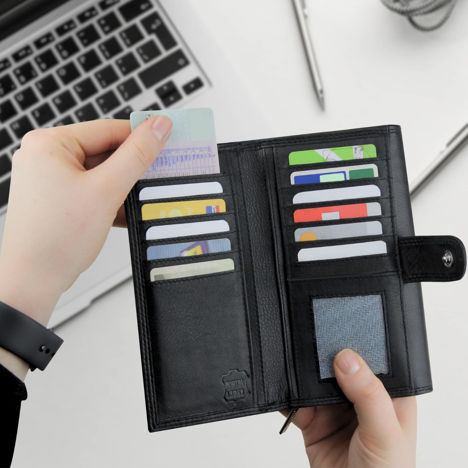Frentree® Damski portfel z prawdziwej skóry nappa, duży skórzany portfel z ochroną RFID, miękki portfel z prawdziwej skóry, wiele przegródek, brązowy, Premium