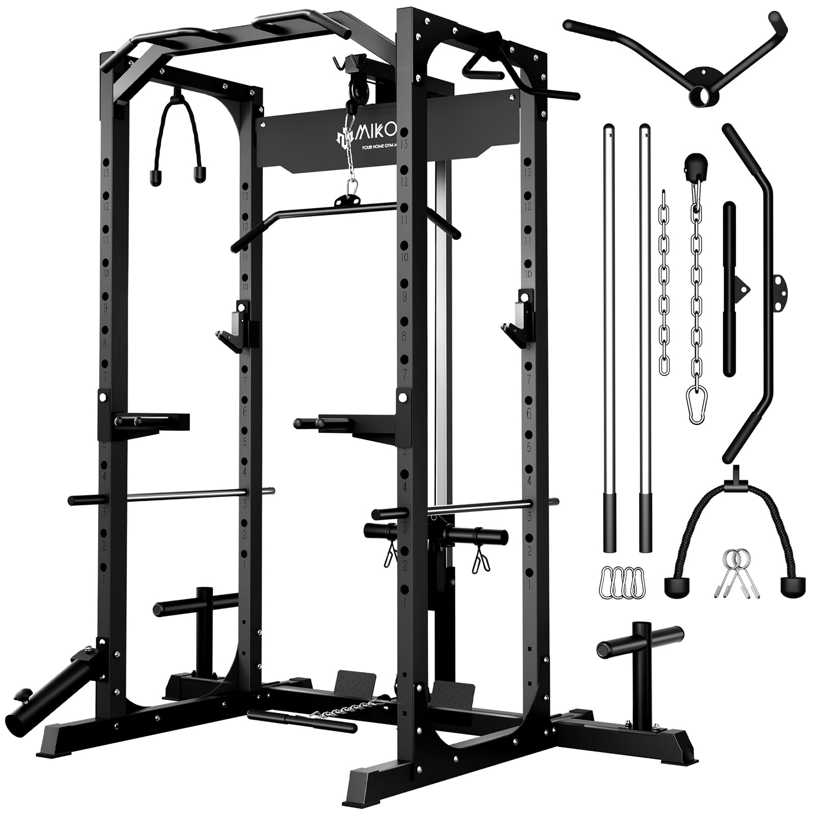 Mikolo Power Cage, Power Rack with LAT Pulldown, 1200 Pounds Capacity Workout Cage with More Training Attachments, Squat Rack for Home Gym, F4 Versions