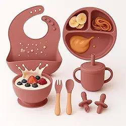 Kit Introdução Alimentar Prato com Divisórias de Silicone Com Ventosa 8 Peças, Copo com Bico, kit Talheres, Colheres e garfos com ponta de silicone, Tigela e Babador (Vinho)