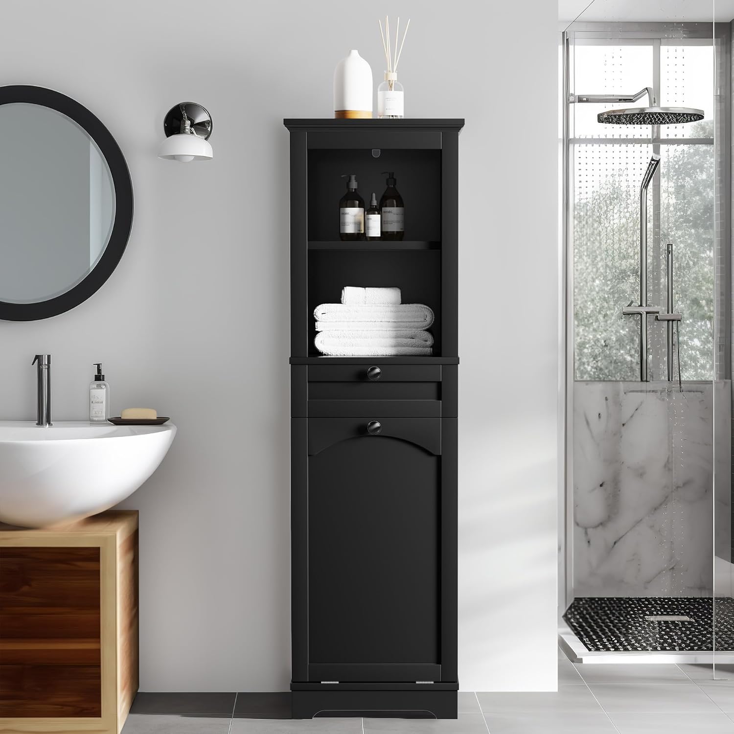 YITAHOME Tilt Out Laundry Hamper Cabinet, 53" Tall Hidden Laundry Hamper with Drawer, Bathroom Storage Cabinet Shelf with a Clothes Basket, Black