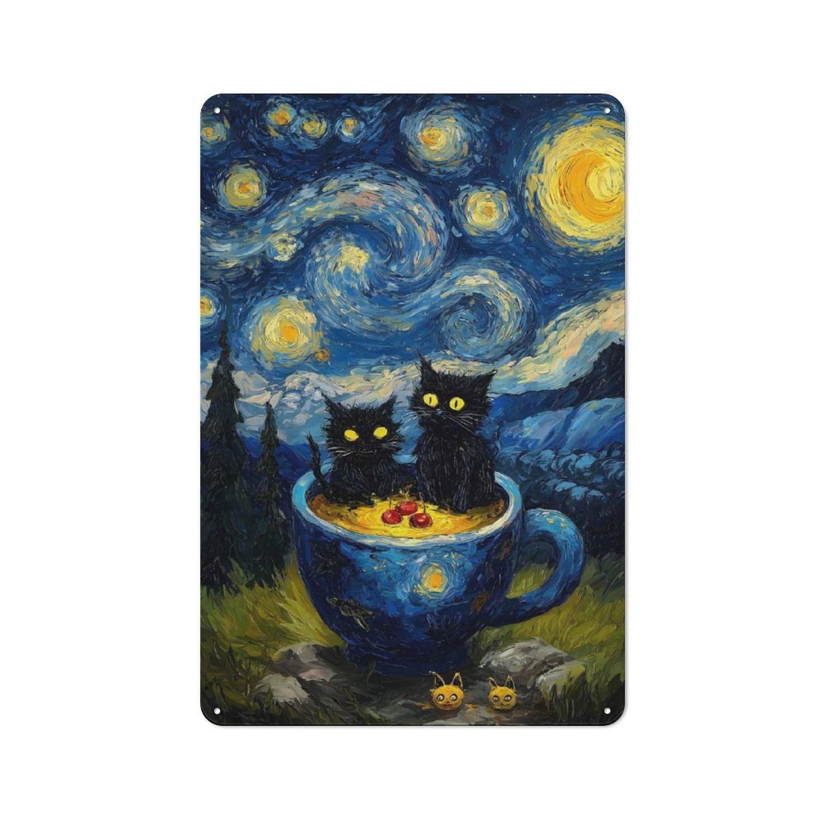 Junmoney Cats In A Cup Starry Night Tin Wall Plaque 30X20cm With For Hobby Room Or Studio, For Metal Sign Collectors, For Kitchen And Home Bar Decor
