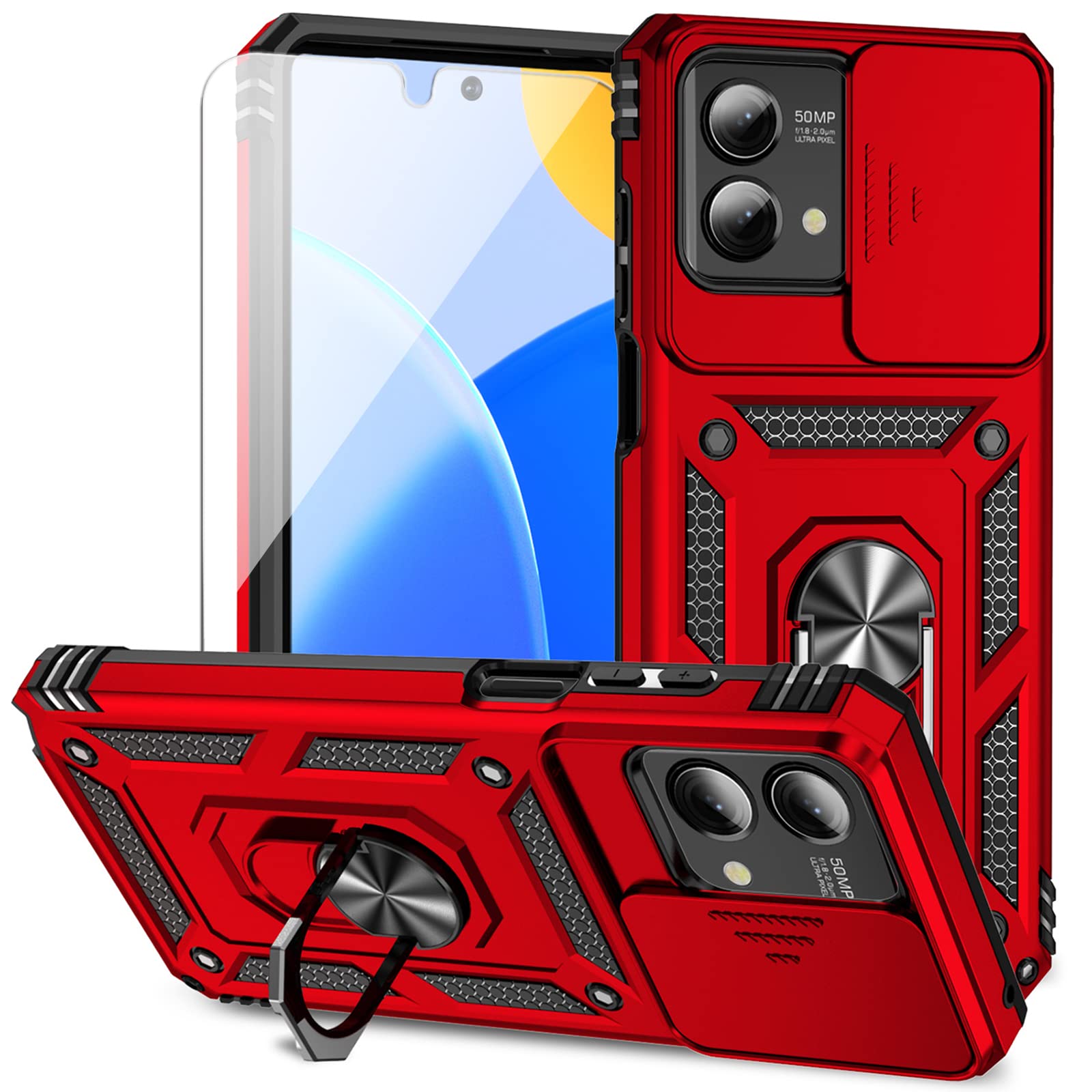for Moto G Stylus 5G 2023 Case with Slide Camera Cover HD Screen Protector [Military Grade Drop Tested] Magnetic Ring Holder Kickstand Protective Phone Case for Motorola Moto G Stylus 5G 2023, Red