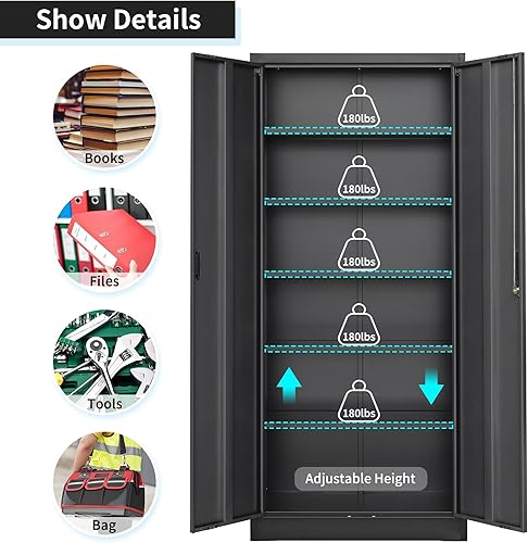Miniatura 4 de Wanfu Gabinete de almacenamiento de metal con puertas de bloqueo y estantes ajustables, armarios de almacenamiento de acero de 71 pulgadas de alto