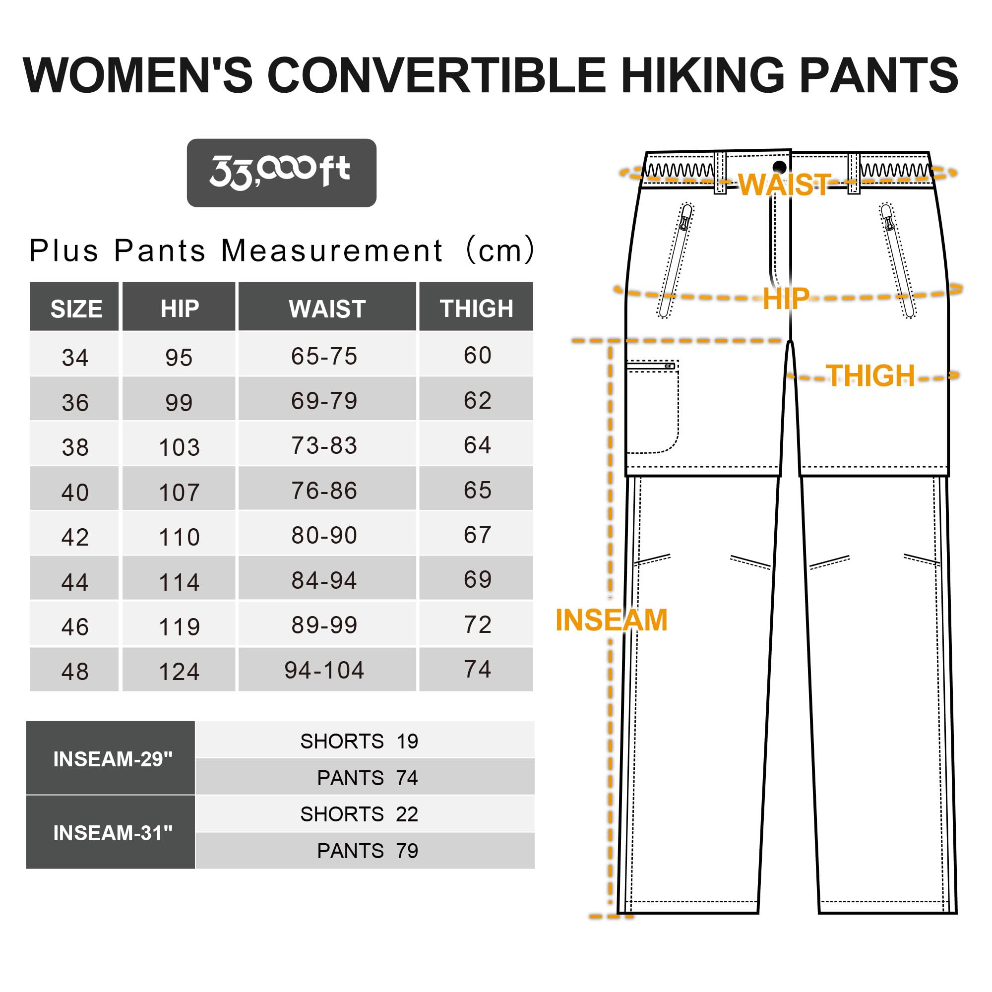 33,000ft Pantaloni da donna con zip off, traspiranti, da trekking, ad asciugatura rapida, elasticizzati, rimovibili, per attività all'aria aperta, estivi, funzionali