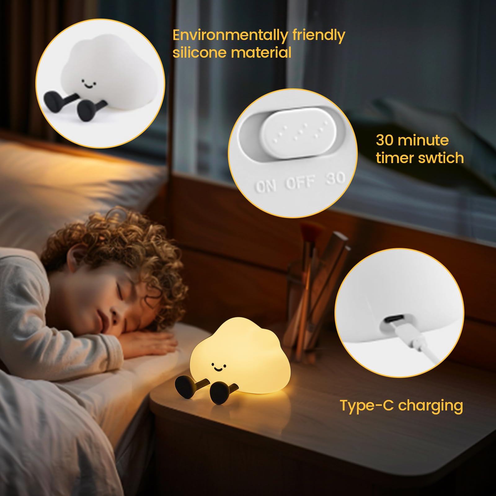 Refluxe Cute Silicone Cloud Night Light, Dimmable LED Touch Lamp, Rechargeable Bedside Nightlight with USB - Image 3