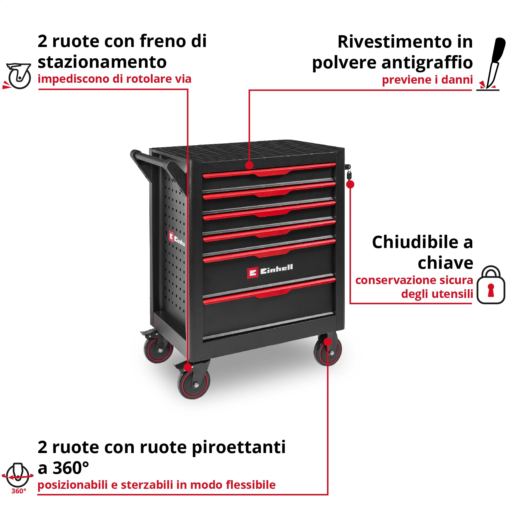 Einhell 149 pezzi carrello portautensili da officina | Inserti da 25 mm | chiavi combinate | set di bussole | cricchetto | pinze | martello da meccanico | livella | metro a nastro