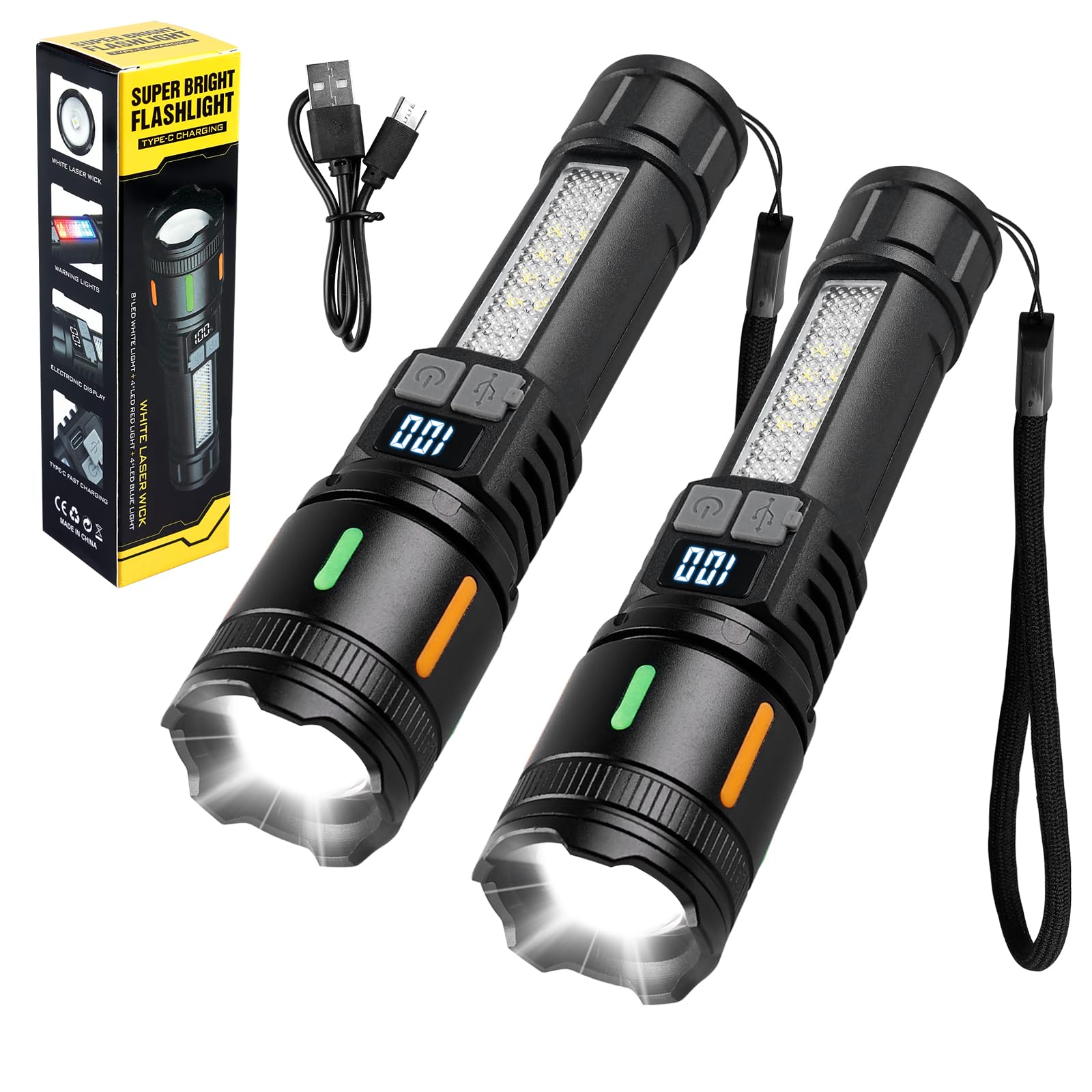 BYZESTY LED Taschenlampen Set – 2 Stück, Aufladbar Per USB, Zoombar, 1800 MAh Akku, Für Camping & Outdoor