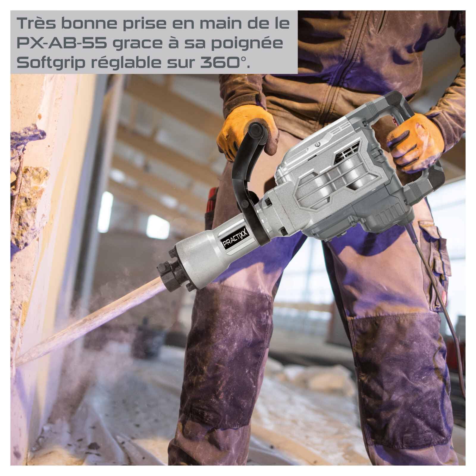 Practixx Marteau de démolition | Marteau piqueur PX-AB-55 | Puissance de frappe 55J | 1700W | 1900BPM | Admission SDS HEX | Softgrip | Burin pointu, burin plat de 410mm & coffret inclus