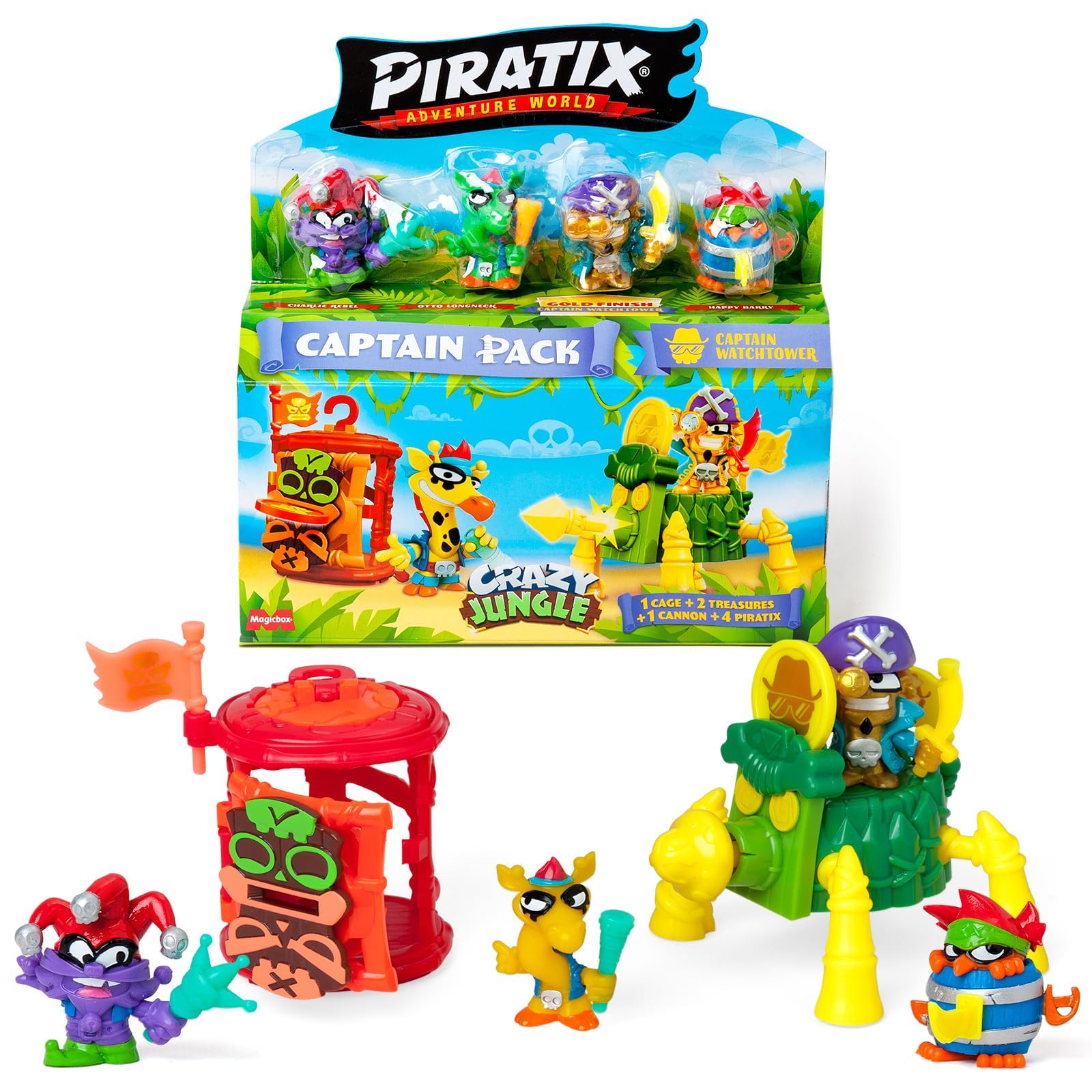 PIRATIX ADVENTURE WORLD Crazy Jungle Series, Captain Pack Watchtower - Includes 4 Piratix, 1 Golden Captain, 4 Neon Accessories, 1 Cage, 1 Cannon, 2 Exclusive Treasures and 2 Neon Flags.Pack 3/6