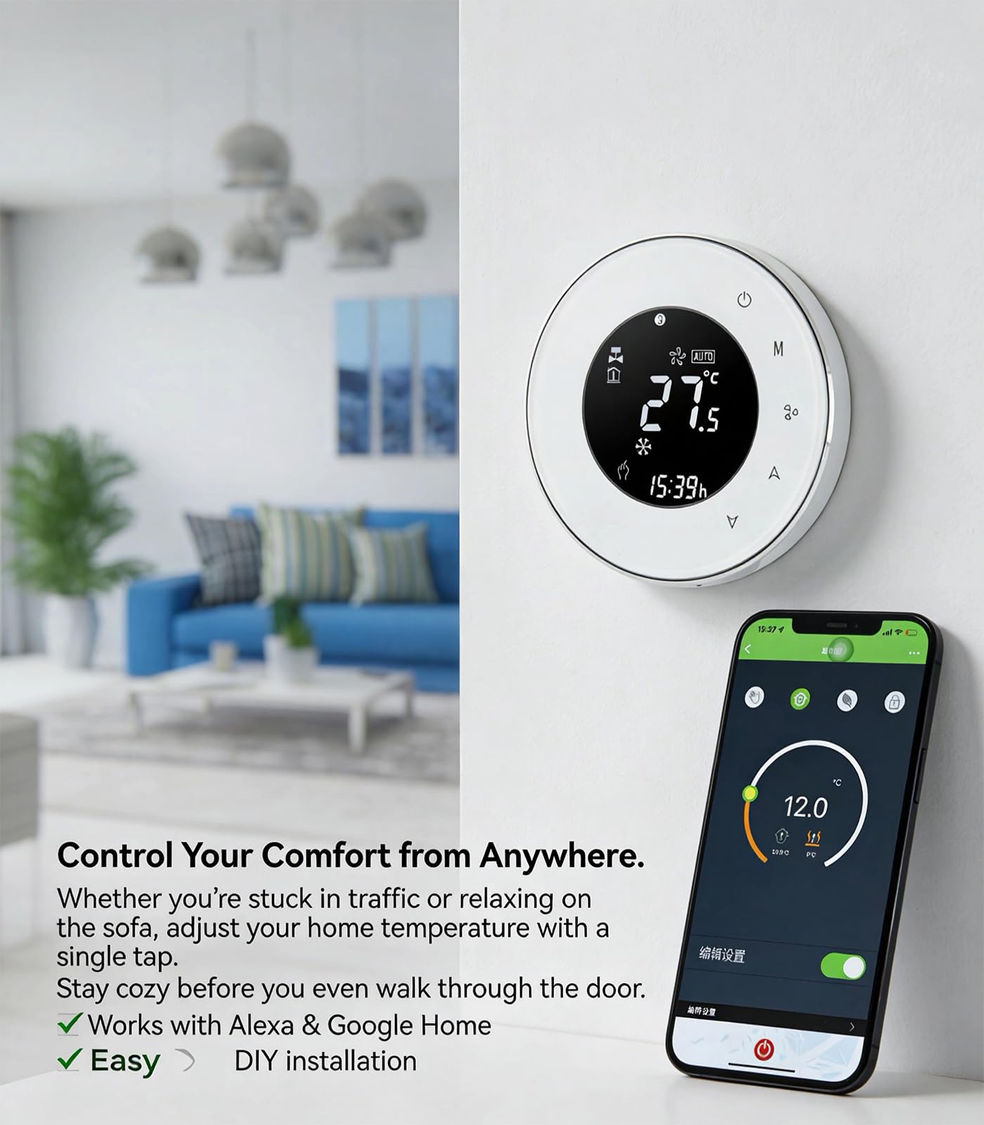 Termostato WiFi Redondo LCD 2 Tubos programable climatización | Regulador inteligente climatización, voz Alexa Google Home, programación automática hogar