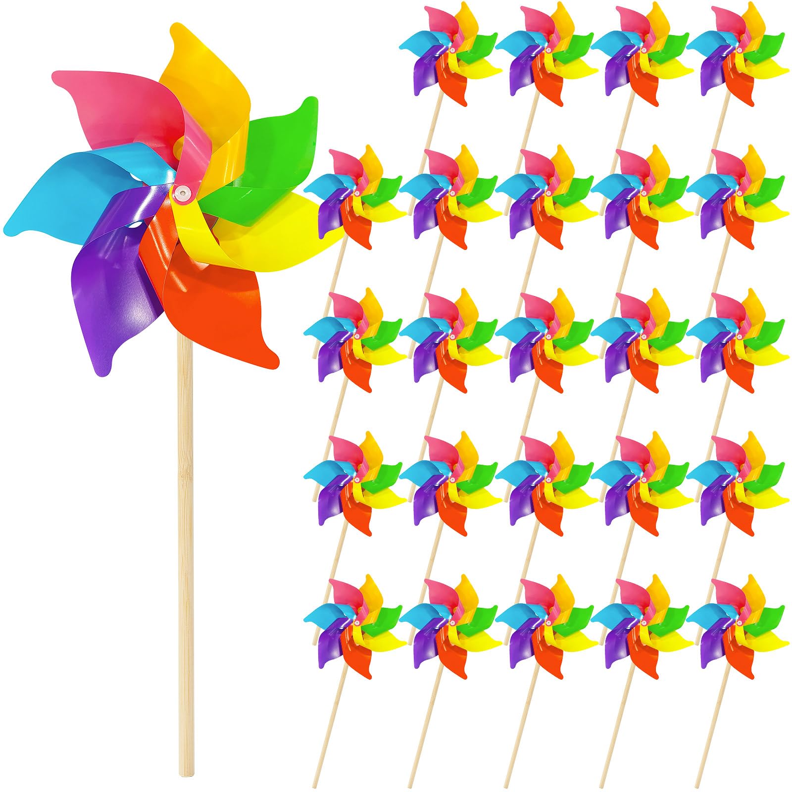 25 PCS Rainbow Flower Pinwheels, 17 Inch Plastic Colorful Windmills with Wood Sticks for Lawn Patio Garden Picnic Party Yard Decoration