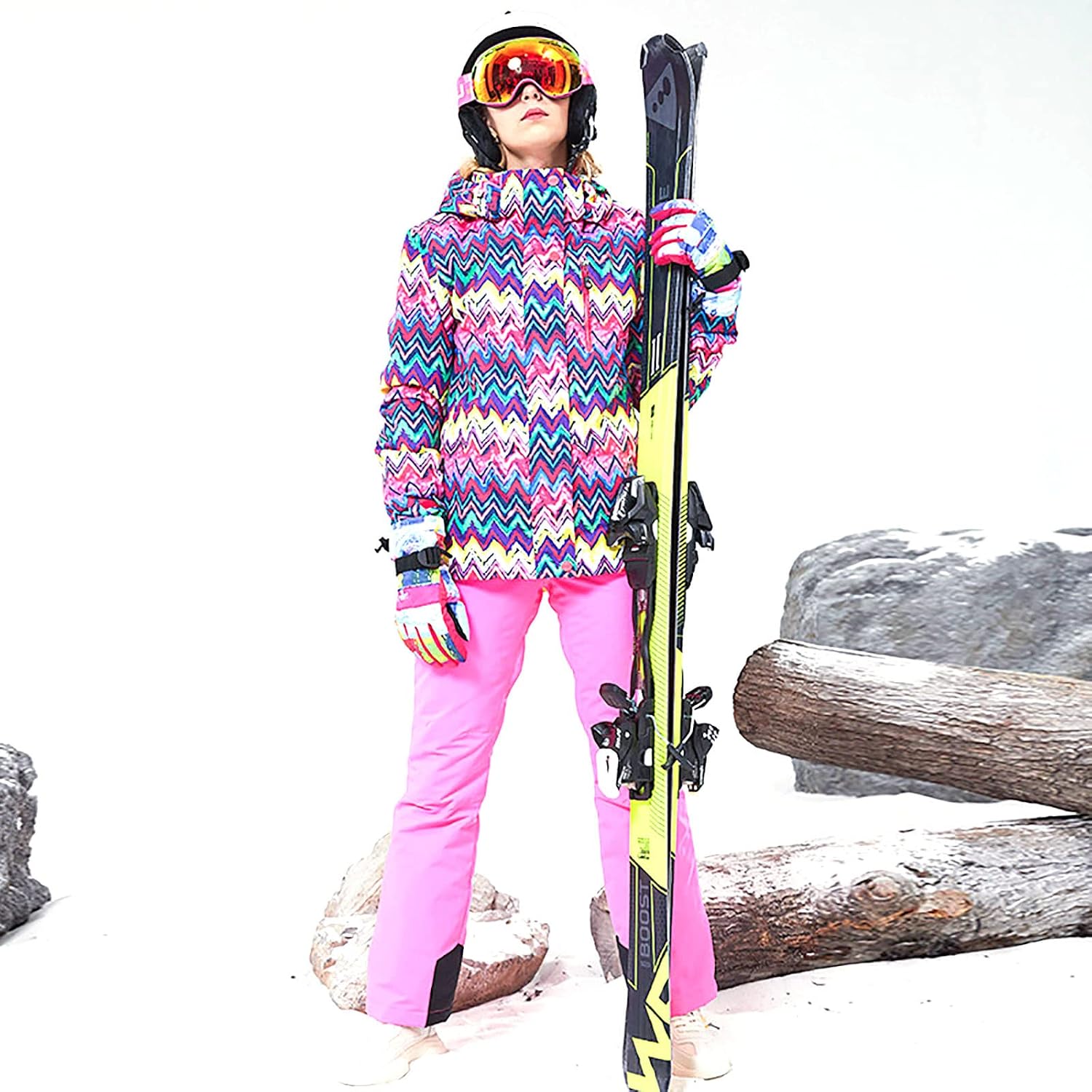 Women's Ski Suit Snowboard Polyline Stripe Design Jackets & Bib Pants Warm Female Waterproof Snow Wear