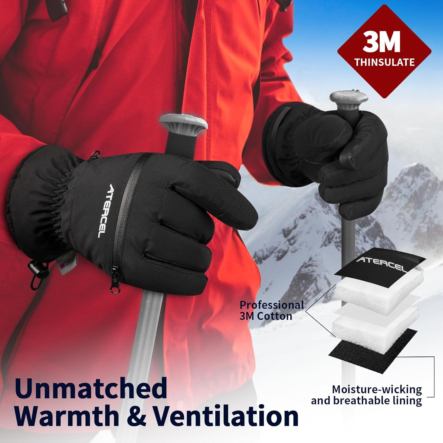 Waterproof Ski Gloves, Warm 3M Thinsulate Gloves, Touchscreen, for Men Women in Skiing, Snowboarding, Snowmobiling, Hiking