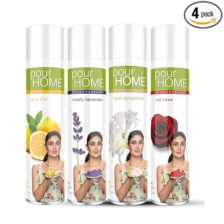 POUR HOME Lavender,Rose,Rajnigandha,Lime Room Air Freshener Spray - 220ML Each (Combo of 4) | Long-Lasting Fragrance - Reduces Odours - Suitable for Home & Office