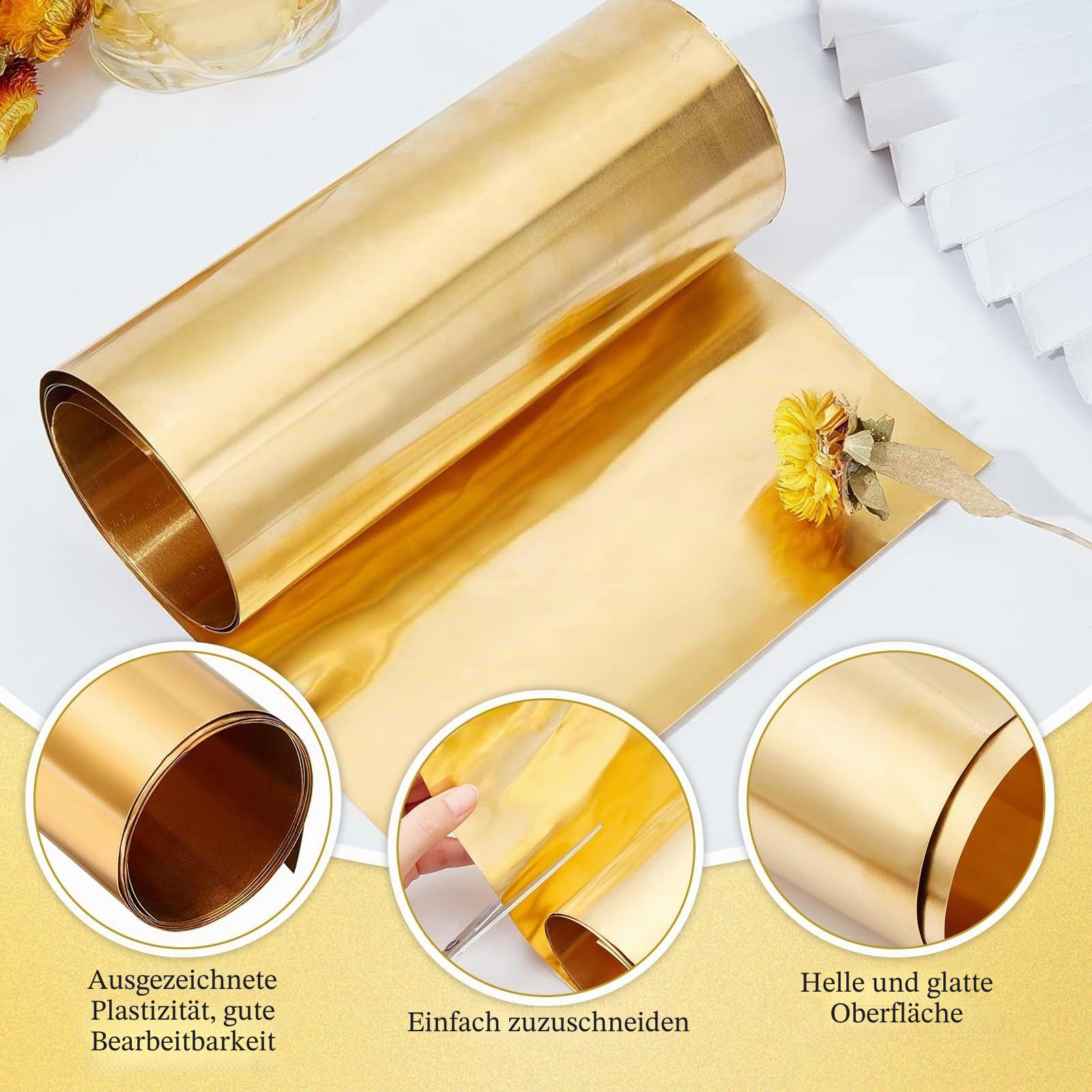 HEKOBAG Messingblech Gold Messingblech Rolle Messing Folie Dünnes Messingblech 0.1mm x 300mm x 1000mm Messingstreifen Messingplatten Brass Sheets für DIY Schneiden Handwerk