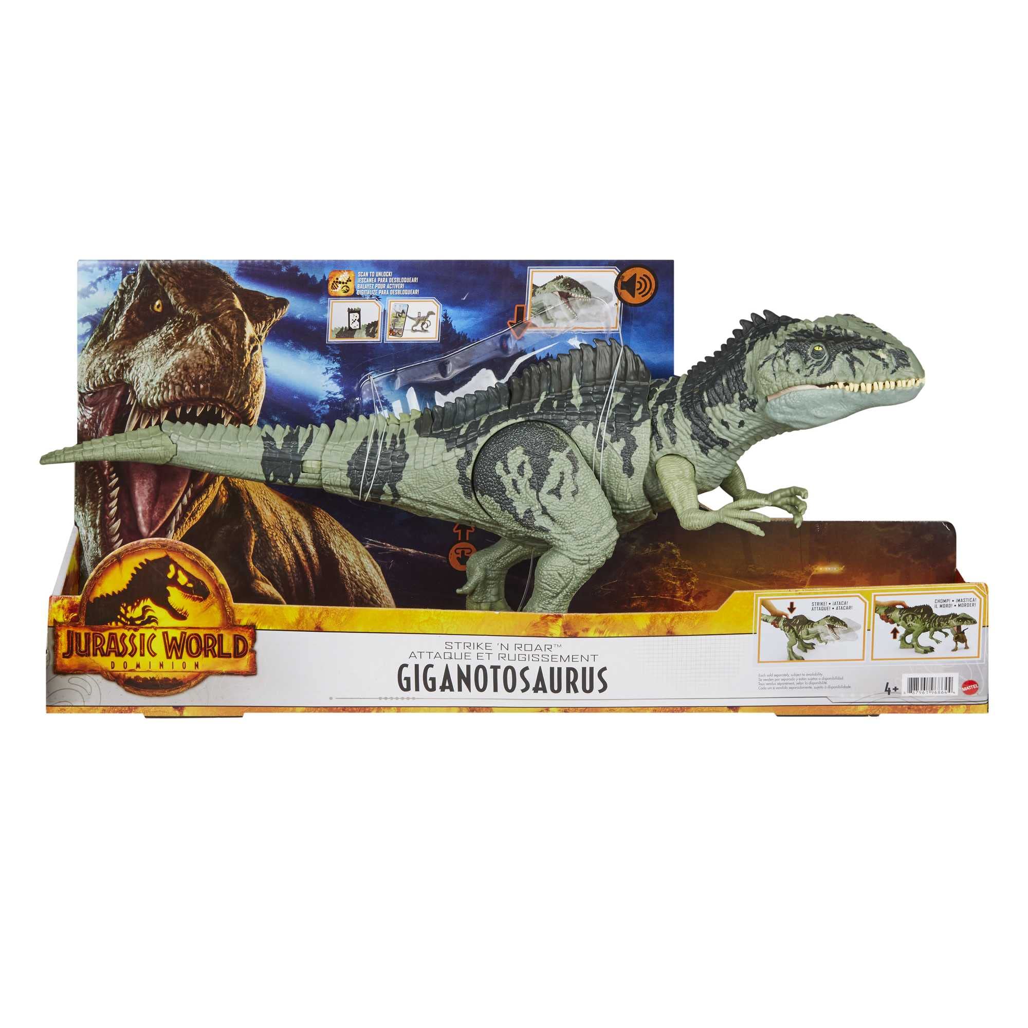 Mattel Jurassic World Dominion Strike N' Roar SIOC Figura de acción dinosaurio gigante articulado con sonidos, juguete +4 años (GYW86)